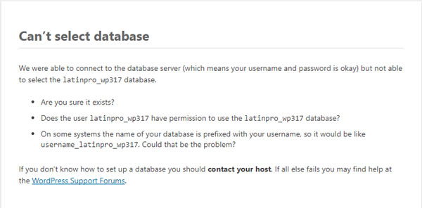 MySQL Error Can't Select Database